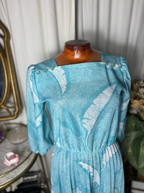 60s Feather Blue Women's Midi Dress a line - Picture 7 of 7